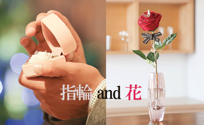 指輪の箱と赤いバラの花