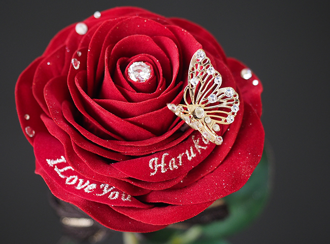 花びらに名前とメッセージ入りの赤いバラ