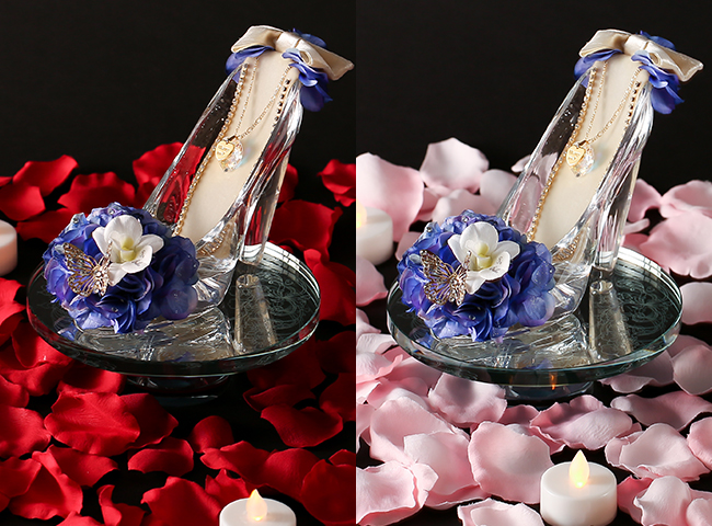 ガラスの靴オーシャンブルーとレッド・ピンクの花びら