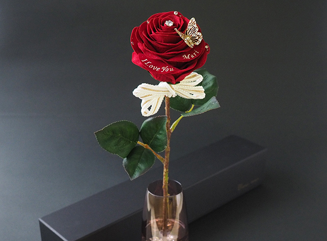 【冬限定】メッセージフラワー赤バラ（ガラス花瓶付き）